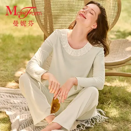 曼妮芬花瓣刺绣睡衣领舒适长袖长裤套装秋冬家居起居服20320593商品大图