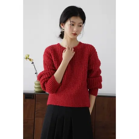 嘉茱莉2023秋季新款法式毛衣上衣女圆领套头毛衣外套宽松针织毛衣商品大图