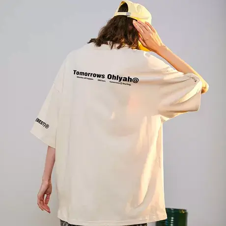 Ohlyah无性别简约短袖男女同款字母印花T恤潮圆领全棉卡其色半袖商品大图