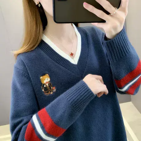 V领小熊针织打底衫女秋冬2023年新款拼色女装上衣宽松内搭毛衣潮商品大图
