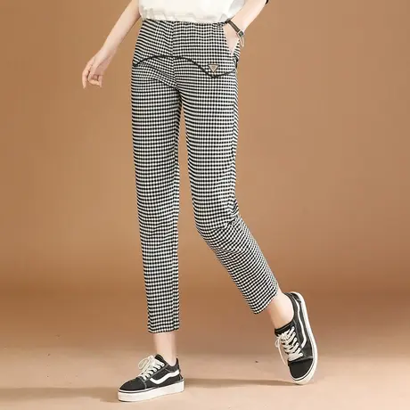 韩潮袭人松紧腰格子休闲长裤女2023秋季新款修身显瘦小脚哈伦裤图片