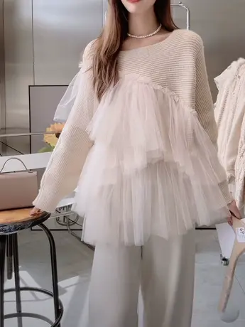奶系小众设计感套头针织衫2023秋装新款温柔网纱拼接毛衣仙女上衣图片