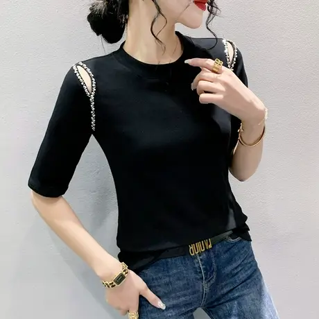 欧货性感露肩五分袖T恤女2023夏新款百搭显瘦小衫设计感网红上衣图片