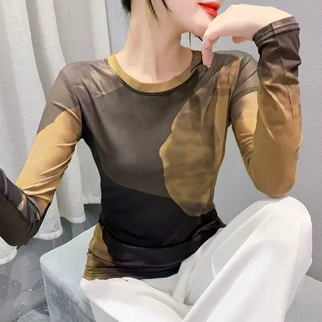 性感网纱扎染印花T恤女长袖气质减龄收腰商业洋气修身百搭打底衫商品大图