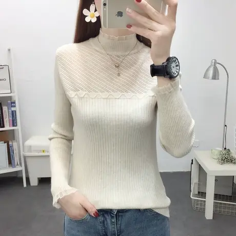2022年早春新款百搭修身蕾丝半高领毛衣针织打底衫春秋内搭洋气潮图片