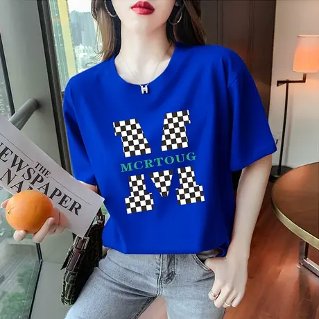 克莱因蓝短袖T恤女夏季2023新款纯棉宽松半袖上衣ins潮牌大码体恤商品大图