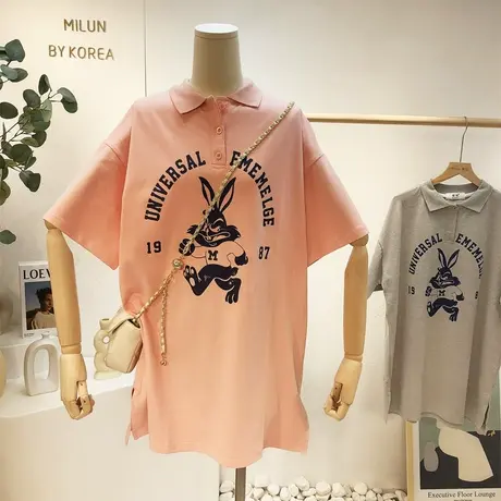 韩国东大门小众连衣裙2021夏季新款甜美休闲Polo领T恤裙子中长款商品大图