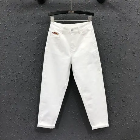 2023秋季新款白色简约贴布个性休闲宽松显瘦萝卜裤女士牛仔哈伦裤商品大图