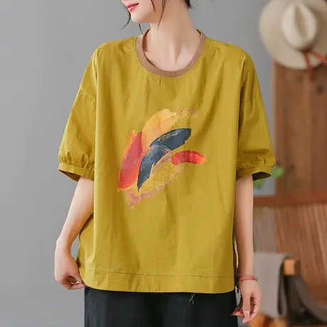 dza复古纯棉短袖T恤女2023夏季薄款休闲打底体恤宽松显瘦套头上衣商品大图