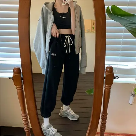 加绒裤子女2021秋冬宽松小个子卫裤外穿休闲哈伦运动束脚裤潮ins商品大图