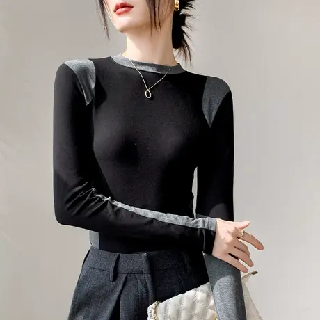 圆领双色拼接长袖上衣女2023早春新款打底衫磨毛修身西装内搭t恤商品大图