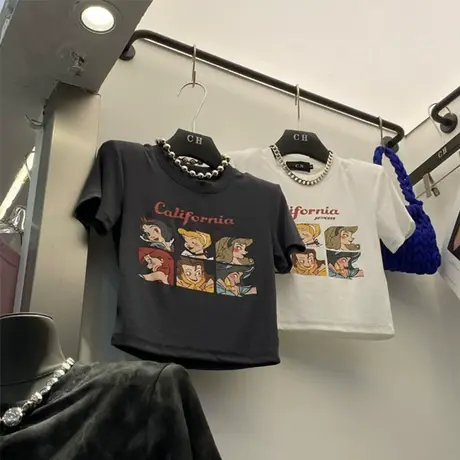 韩国东大门夏季新款卡通字母减龄短款修身显瘦短袖垫肩T恤女上衣图片