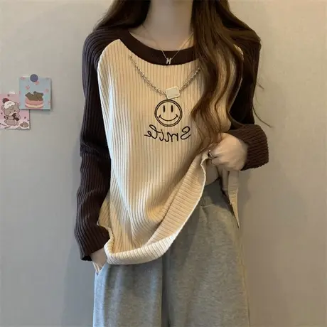 撞色长袖t恤女春秋内搭大码宽松小众设计感正肩显瘦打底衫上衣ins商品大图