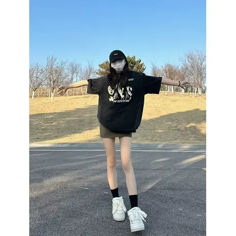 纯棉水洗做旧短袖t恤女夏季设计感潮牌宽松美式复古港味chic上衣图片