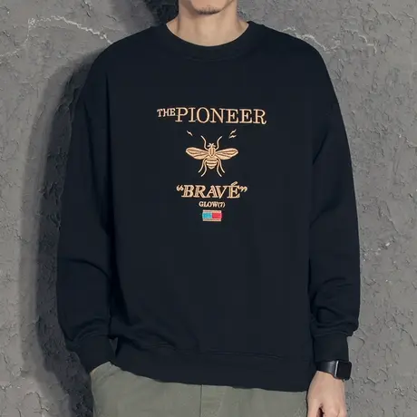 奕飏蜜蜂刺绣圆领卫衣男春秋款 潮牌秋季上衣男韩版简约时尚衣服图片