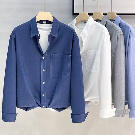 潮牌水洗纯色仿牛仔长袖衬衫男装日系休闲通勤蓝色纯棉衬衣男外套商品大图