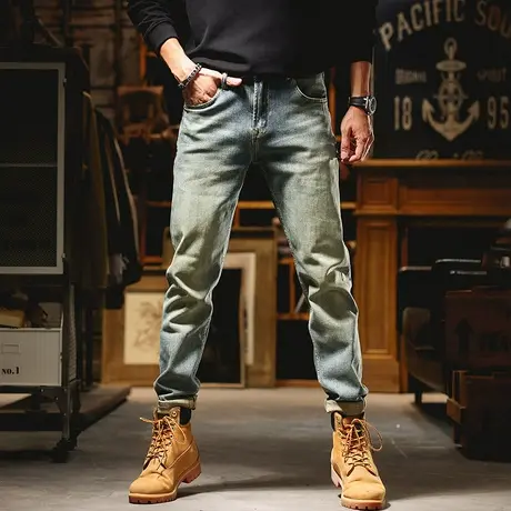 牛仔裤男秋季新款美式复古水洗做旧磨白休闲长裤高档潮流百搭裤子商品大图