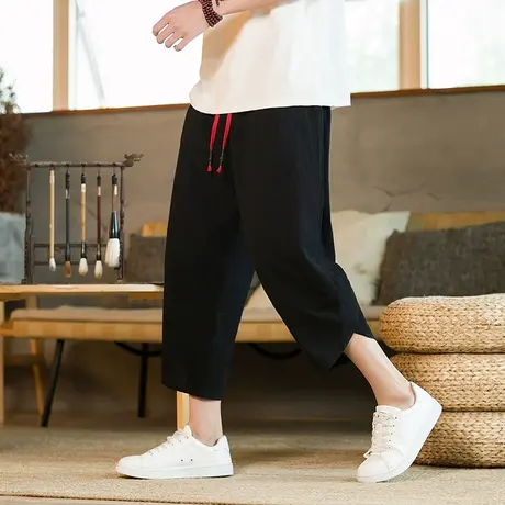 中国风夏季薄款七分裤男宽松大码棉麻短裤男透气哈伦裤灯笼沙滩裤商品大图