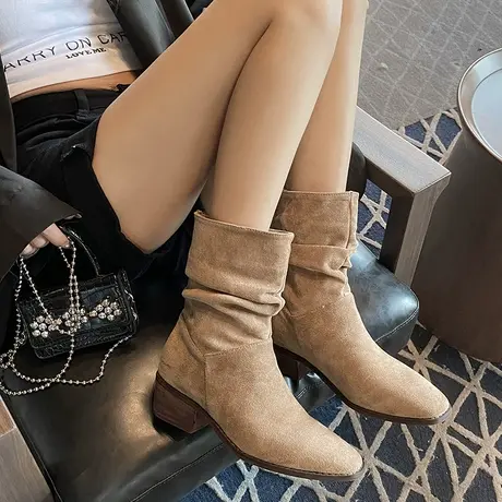 网红褶皱堆堆靴复古方头粗跟短靴西部牛仔靴套筒马丁靴女夏秋新款图片