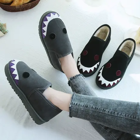棉鞋女冬季保暖加绒加厚一脚蹬学生韩版百搭懒人鞋面包鞋卡通图案商品大图
