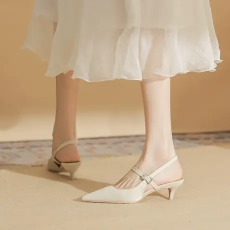 2023年夏季新款包头凉鞋女纯色气质扣搭后空高跟鞋细跟温柔晚晚风商品大图