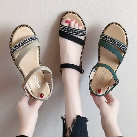 凉鞋女夏平底2023年新款百搭学生仙女舒适软底低跟一字带罗马凉鞋商品大图