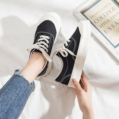 帆布鞋女夏透气薄款平底爆款百搭ulzzang学生平底低帮ins潮小黑鞋商品大图