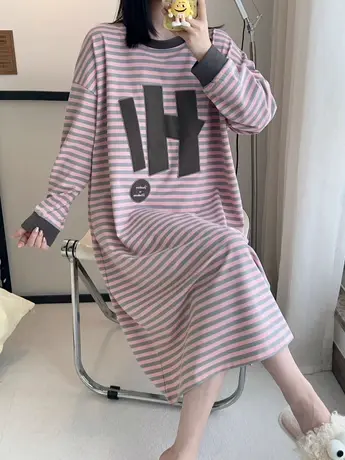 胖mm大码宽松条纹女士春秋季圆领睡裙时尚长袖睡衣女家居服200斤图片