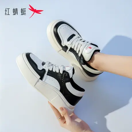 红蜻蜓板鞋女鞋2023秋季新款时尚厚底百搭真皮休闲鞋黑白熊猫鞋子商品大图