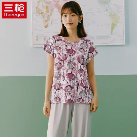三枪夏季新款纯棉短袖女可外穿睡衣全棉印花圆领薄款休闲打底T恤商品大图