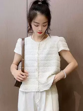 小香风短袖上衣女2023夏季新款缇花纯色短款开衫修身百搭港风上衣商品大图