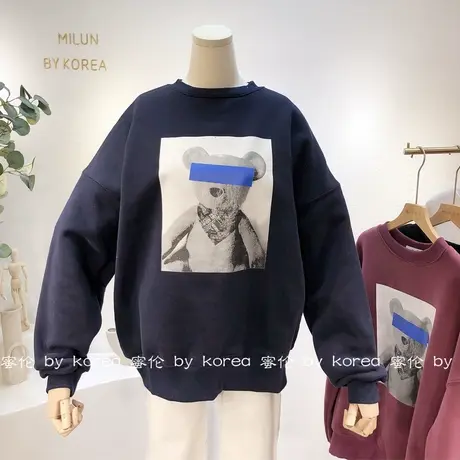 ins盐系原宿风加绒厚外套2020秋冬款日系宽松古着感小熊卫衣大码商品大图