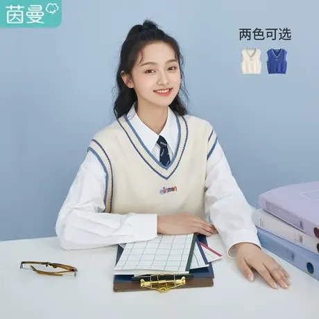 茵曼套头毛衣马甲女2023春季新款撞色V领休闲宽松学院风针织上衣图片