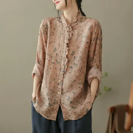 dza 复古苎麻长袖衬衫女士2023春季新款立领衬衣宽松百搭棉麻上衣图片