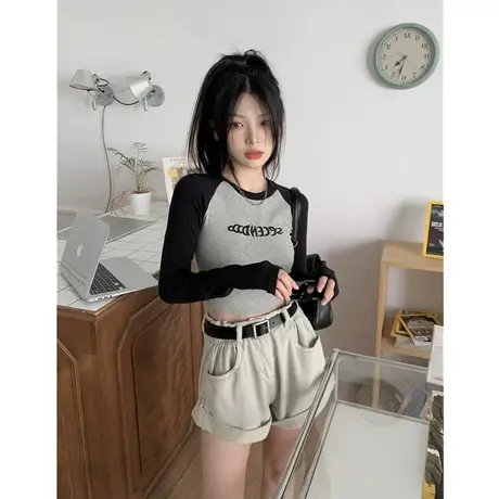 撞色插肩刺绣长袖t恤女2023春秋冬新款拼接内搭短款打底衫上衣女商品大图