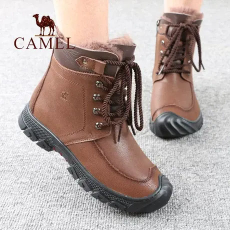 Camel/骆驼女鞋冬季新款加绒保暖真牛皮高帮中年舒适休闲妈妈靴子图片