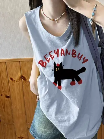 纯棉港风吊带背心无袖t恤女夏设计感小众外穿宽松篮球服挂脖上衣图片