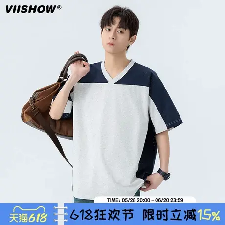 VIISHOW撞色V领短袖t恤男2025年夏季拼色宽松高街学院风休闲体恤商品大图