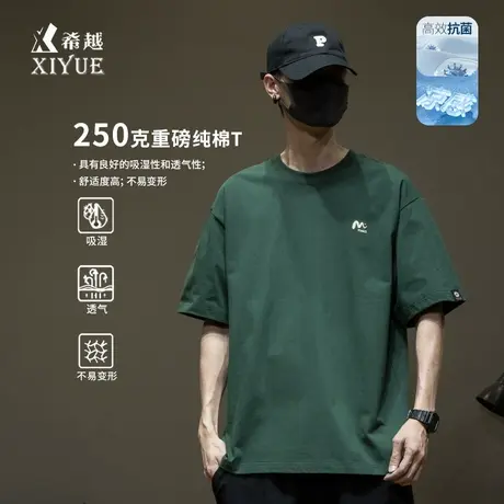 刺绣纯棉宽松短袖T恤男2025夏季新款男士潮流大码绿色休闲半袖t恤商品大图
