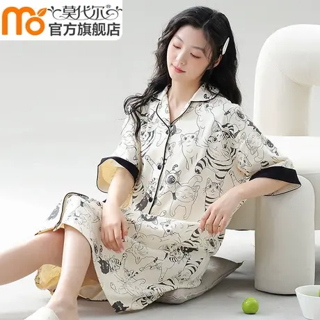 睡裙女纯棉夏季开衫翻领短袖送妈妈睡衣中长款大码家居服孕妇可穿商品大图