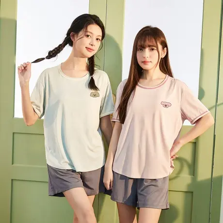 唐狮家居服新款遛弯睡衣女圆领短袖T恤套装宽松舒适免穿胸垫外穿商品大图
