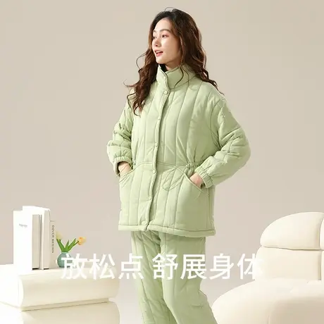 秋鹿三层加厚夹棉睡衣针织纯棉家居服女秋冬天保暖可外穿立领外套商品大图