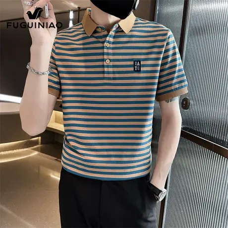 富贵鸟条纹Polo衫男士高级感商务上衣2025夏季新薄款短袖t恤男装商品大图