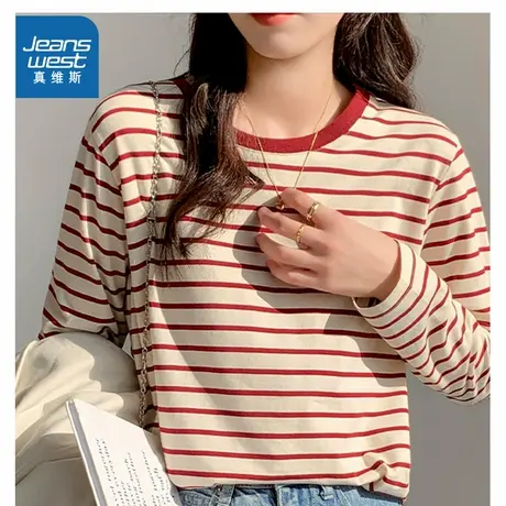 XB真维斯女装2025夏季新款  复古简约条纹圆领宽松长袖T恤上衣女商品大图