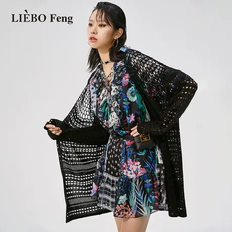 裂帛LIEBOFeng设计师品牌chic复古宽松慵懒风黑色镂空针织开衫女商品大图