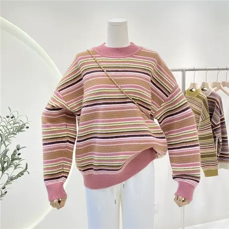 半高领彩条拼色毛衣女韩版复古宽松显瘦休闲套头针织衫内搭上衣图片