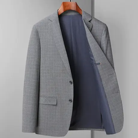 春季新款男士修身休闲西装中老年爸爸装单件格子小西服外套上衣服商品大图