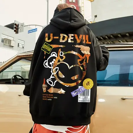 冬季潮牌小恶魔嘻哈卫衣男ins韩版连帽加绒宽松chic港风长袖上衣商品大图