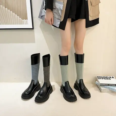 长筒靴女厚底2023年新款秋季显瘦粗跟瘦瘦靴拼色设计感小众烟筒靴商品大图