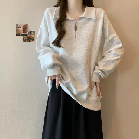 设计感小众半拉链Polo领长袖卫衣女春秋薄款韩版宽松翻领上衣外套商品大图